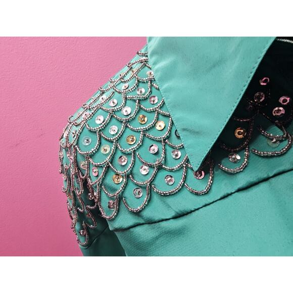 Vintage Harbor Vue Green Mermaid Beading Sequin Shoulder Top Shirt 12 Large - Picture 6 of 6